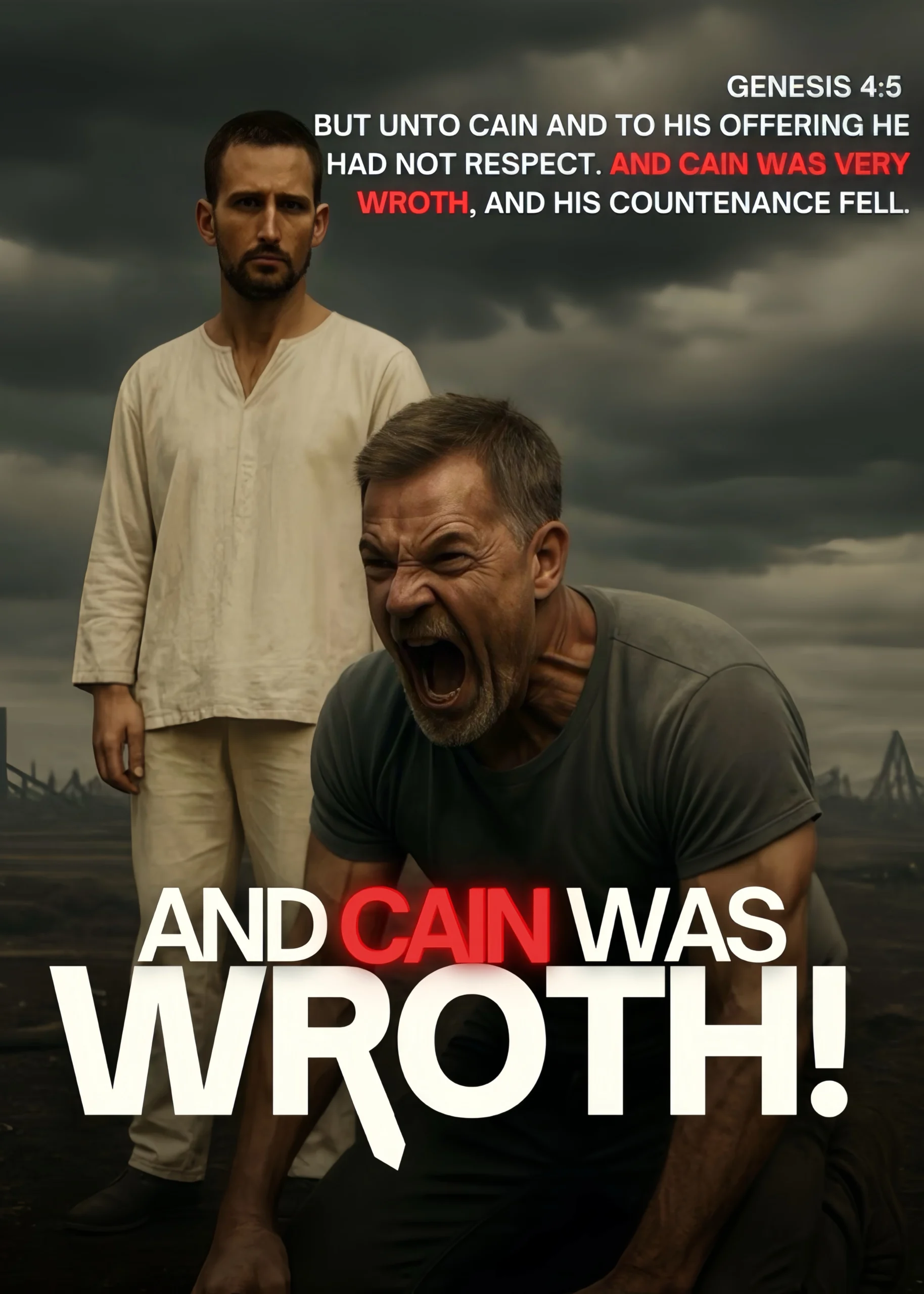 TWO BROTHERS IN THE IMAGE, ONE LOOKS DEJECTED AND ANGRY KNEELING ON THE GROUND, THE OTHER STANDS UP AND LOOKING AT HIS BROTHER CALMLY. THE TITLE TEXT SAYS 'AND CAIN WAS WROTH'