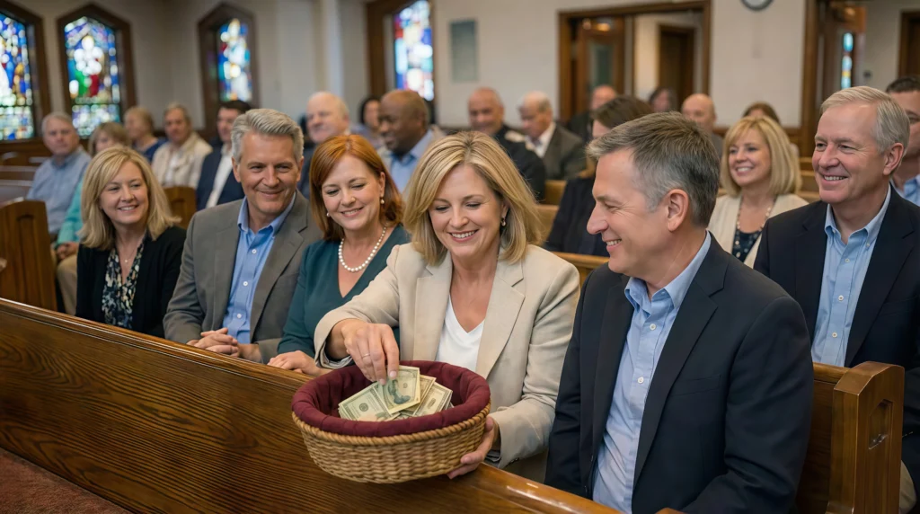 inside a modern church, church atendees are passing the offering basket, and a middle aged woman is placing some cash donations into the basket