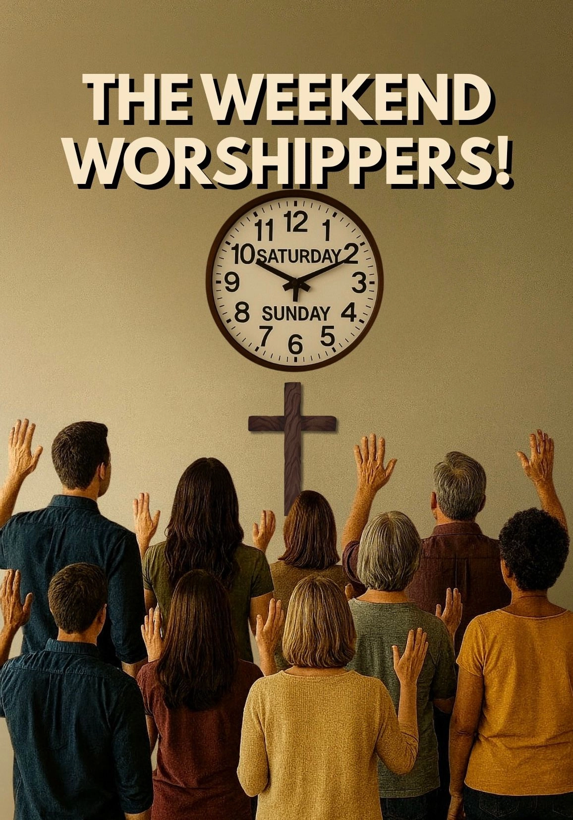 a group of people standing in front of a cross and a clock inside of a modern church
