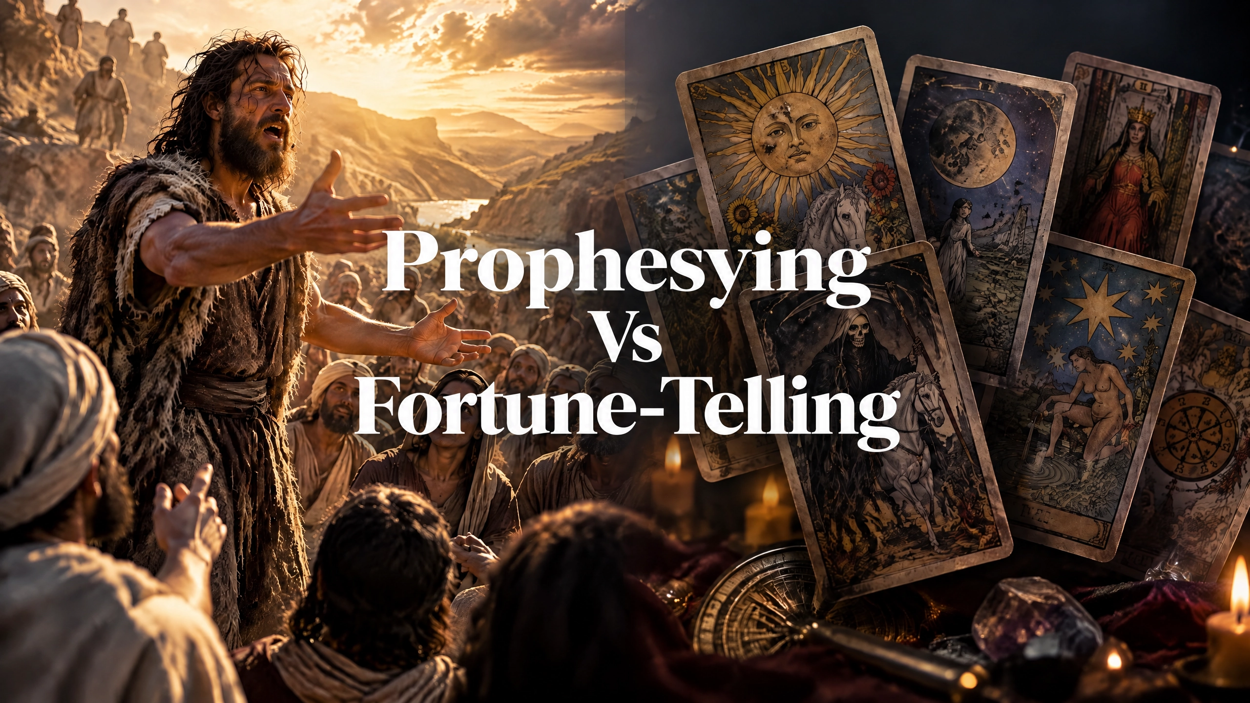 cinematic thumnail of a split screen, a man prophesyin on the image's left, and a pack of tarot cards on the image's right